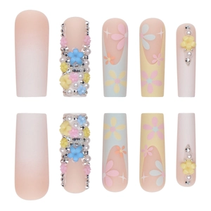 Long ballet press-on nails with pink gradient, 3D flowers, pearls and rhinestones