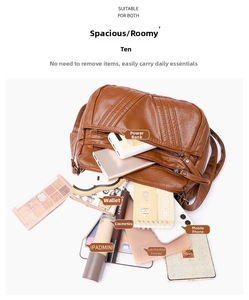 Top-down view of spacious brown PU leather shoulder bag showing large capacity for essentials