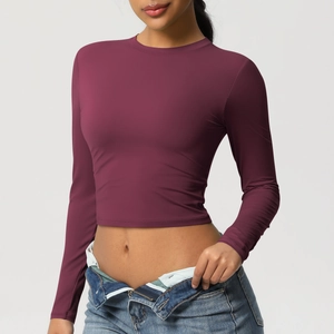 Haut court à manches longues moulant couleur prune avec texture en maille élastique