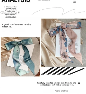 Detailed close-up of silky French style hair scarf featuring vintage landscape patterns