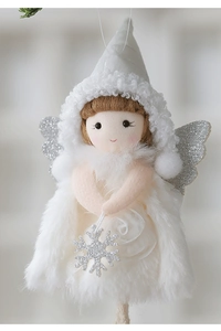 Close-up of plush angel doll ornament with silver wings and a sparkling snowflake charm