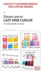 Detailed size chart for nylon rollers, sponge hair balls, and plastic curling clips