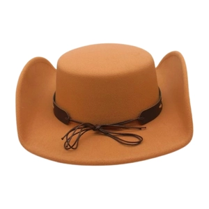 Brown western cowboy hat with a leather band and symmetric curved brim for men and women