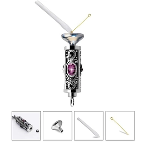 Cylindrical stainless steel cremation pendant with purple gemstone and filling kit tools
