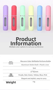 Detailed size chart and specifications for 5ml portable refillable perfume atomizers