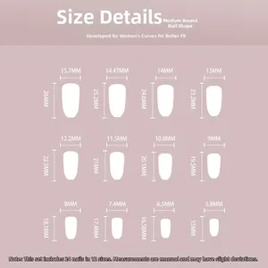 Size chart detail for medium round press-on nails showing width and length in mm