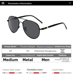 Detailed technical specifications for polarized aviator sunglasses with metal frame