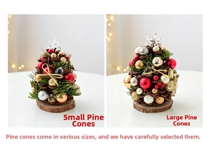 Mini Christmas pine cone tree ornaments with red baubles and wooden base for desk decor
