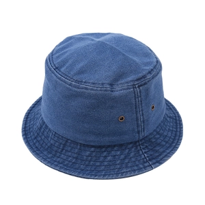 Classic blue washed denim bucket hat with metallic air vents and reinforced stitching