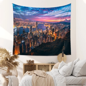 Detail of Hong Kong city skyline tapestry with Victoria Harbor sunset view for home decor