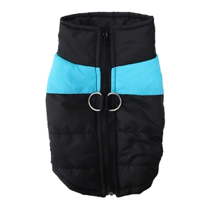 Detail of waterproof dog winter vest with back zipper and dual metal D-rings for leash