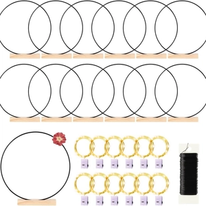 Set of 12 black metal rings with wooden bases and LED copper wire string lights for DIY wreaths