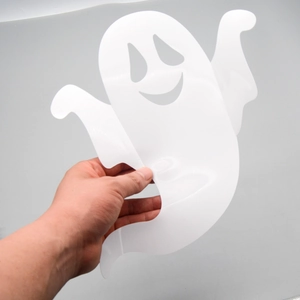 Detail showing a translucent 3D ghost wall sticker made of durable PET plastic material