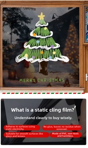 Macro detail of reusable PVC Christmas tree window static sticker with festive snow scene