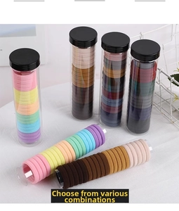 Detail view of colorful high-elastic hair ties in transparent storage tubes