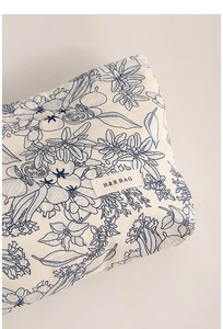Close-up of floral print cotton makeup bag featuring H&R BAG logo and blue patterns