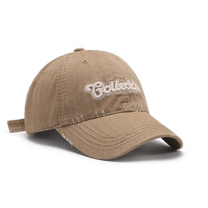 Distressed cotton baseball cap in khaki with 3D Collection embroidery and curved brim