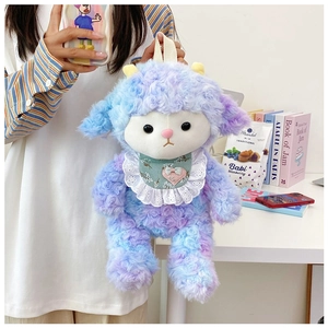 Plush lamb bag in gradient purple and blue with floral lace scarf held by model