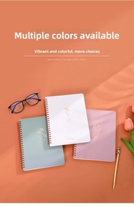 Detailed view of frosted A5 spiral notebooks with floral illustrations and metal binding