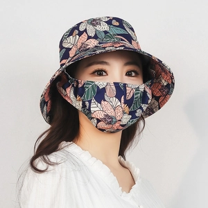 Outdoor summer sun protection hat with floral print and integrated face mask for women