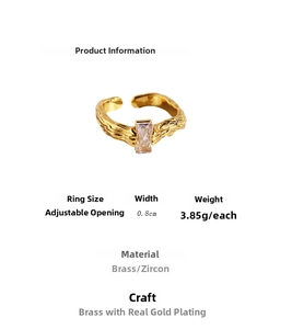 Detail showing irregular lava texture brass ring with rectangle zircon and dimension specs