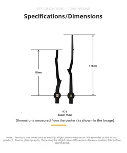 Detailed view of black clock hands model 971 showing 86mm hour and 115mm minute scale