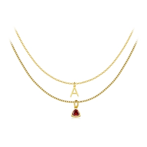 Double-layered gold S925 sterling silver necklace with letter A and red gemstone pendants