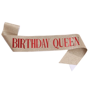 Golden glitter birthday queen party sash with red lettering for women birthday outfit