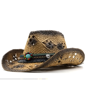 Bohemian style gradient brown straw cowboy hat with turquoise beads and tassel detail