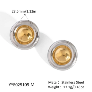 Detail showing two-tone stainless steel earrings with 28.5mm diameter and weight specs