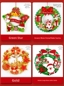 Detail view of festive Christmas wreaths with Merry Christmas signs and glitter finish