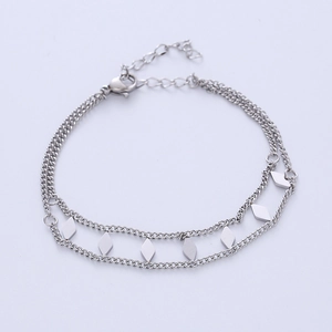 Double-layer stainless steel bracelet with geometric rhombus charms and lobster clasp