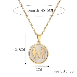 Detailed size view of a gold titanium necklace with mother of pearl family silhouette pendant