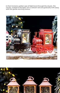 Detail of vintage Christmas train lantern with glowing LED light and festive snow scene
