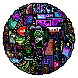 Macro view of neon style waterproof graffiti stickers for laptops and phone cases