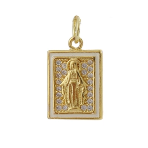 Detail of square gold pendant featuring Virgin Mary relief and white zircon inlay
