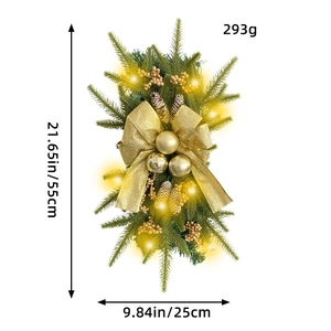 Christmas teardrop wreath with gold bows, cones and warm LED lights, 55cm tall decor