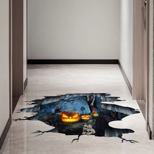 3D Halloween floor decal featuring pumpkin lanterns and skulls in a broken ground visual