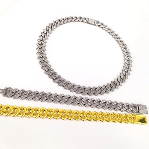 14mm cuban link chain set with diamond encrusted silver necklace and golden bracelet