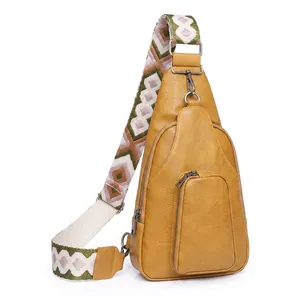 Vintage mustard PU leather crossbody chest bag with colorful geometric woven shoulder strap