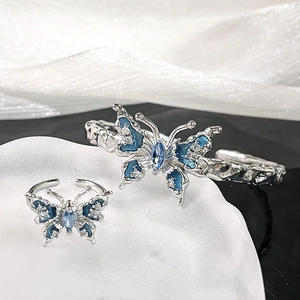 Gioielli Farfalla Blu Smalto Placcato Argento Bracciale Aperto Regolabile E Anello Moda Donna