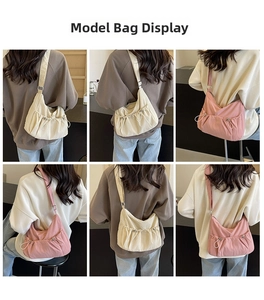 Detailed views of cream and pink ruched nylon crossbody bags shown in various perspectives
