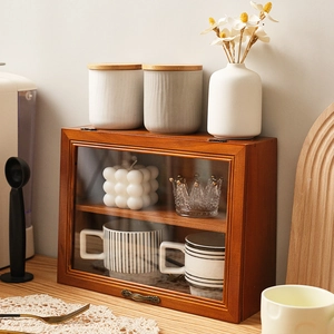Retro Solid Wood Desktop Storage Cabinet With Glass Flip Top Door Organizer For Cups Cosmetics Figures Vintage Decor