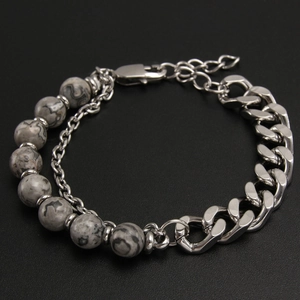 Bracelet pour homme en pierre d'œil de tigre et chaîne cubaine en acier inoxydable argenté