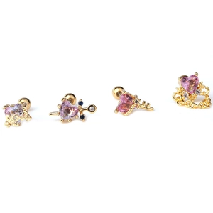 Golden heart earrings with pink zircon, Cupid arrow and crown details on white background