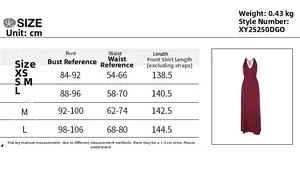 Size chart for halter backless maxi dress with cm measurements and weight details