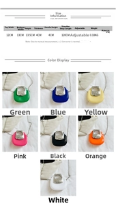 Mini PVC chain bag size guide and dimensions showing various colors and measurements