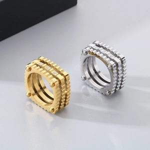 Detail view of multi-layer gear style ring with rivets and sparkling rhinestones