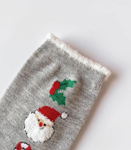 Detail of Christmas crew socks with fuzzy white faux fur cuff and knit Santa patterns
