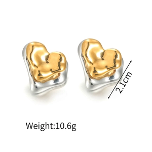 Detail view of two-tone irregular fluid heart studs measuring 2.1cm and weighing 10.6g